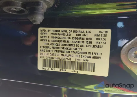 2018 Honda Cr-V Ex-L/Ex-L Navi из США, поврежденный, VIN 7FARW1H81JE042142